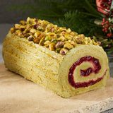 Pistachio Raspberry Log Cake